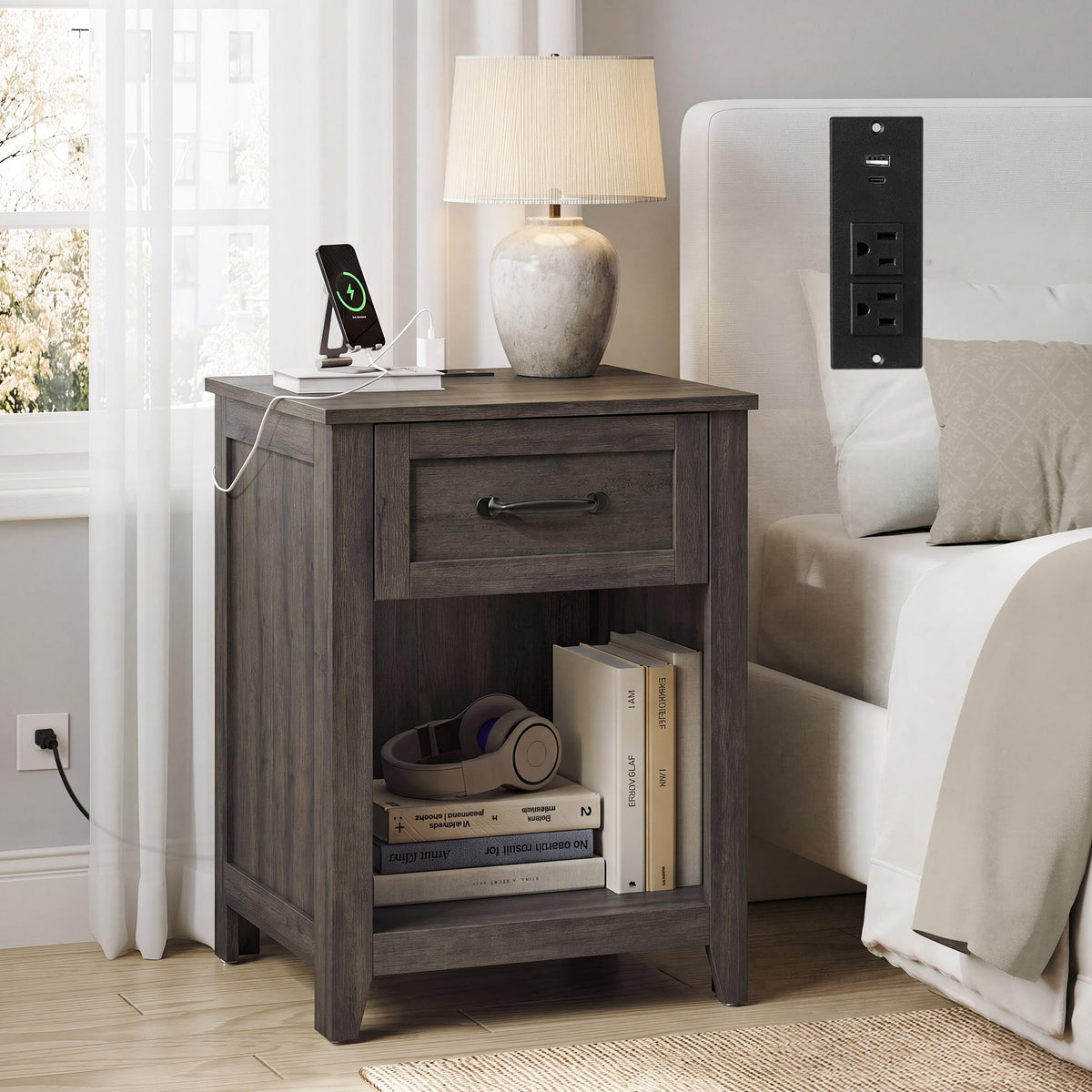 VASAGLE Farmhouse Nightstands with Charging Station, 1 Drawer, Set of 2