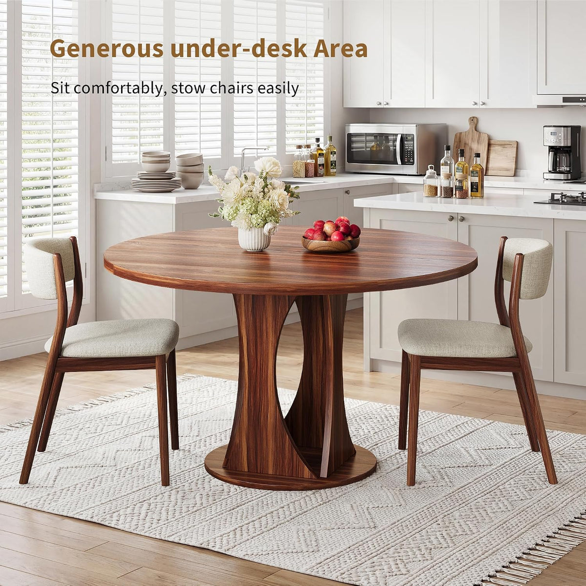 iPormis Round Dining Table, 47'' Kitchen Table for 4-6, Dining Room Dinner Table with Wooden Tabletop & Geometric Arcs Pedestal for Kitchen, Living Room, Home, Office, Walnut