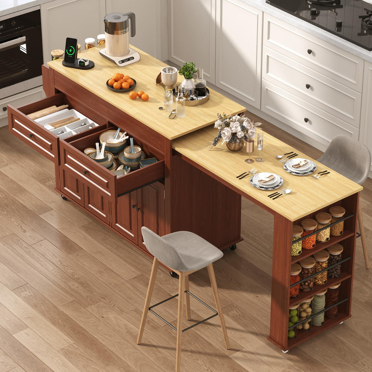 80"-48" Extendable Kitchen Island with Extended Dining Table and Power Outlet,Large Mobile Kitchen Storage Islands with 2 Storage Drawers,Rolling Islands Cart with 3 Extra Rows Open Shelves(White)