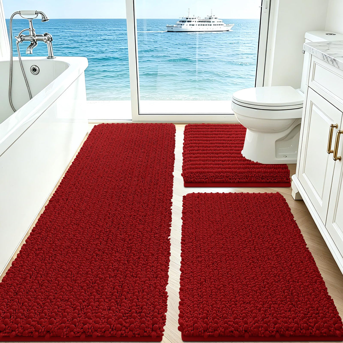 ACCUMTEK Upgrade Extra Large Black Bathroom Rug Set 3 Pieces Ultra Soft, Thick Absorbent Bath Mats, Non Slip Chenille Toilet Mat for Bathroom, Bedroom, Kitchen