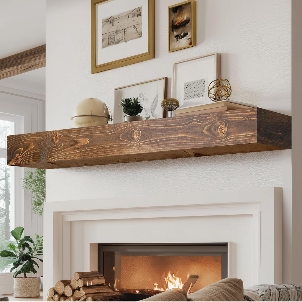 60x8x3in Rustic Fireplace Mantel Pine Wood, Weathered Brown