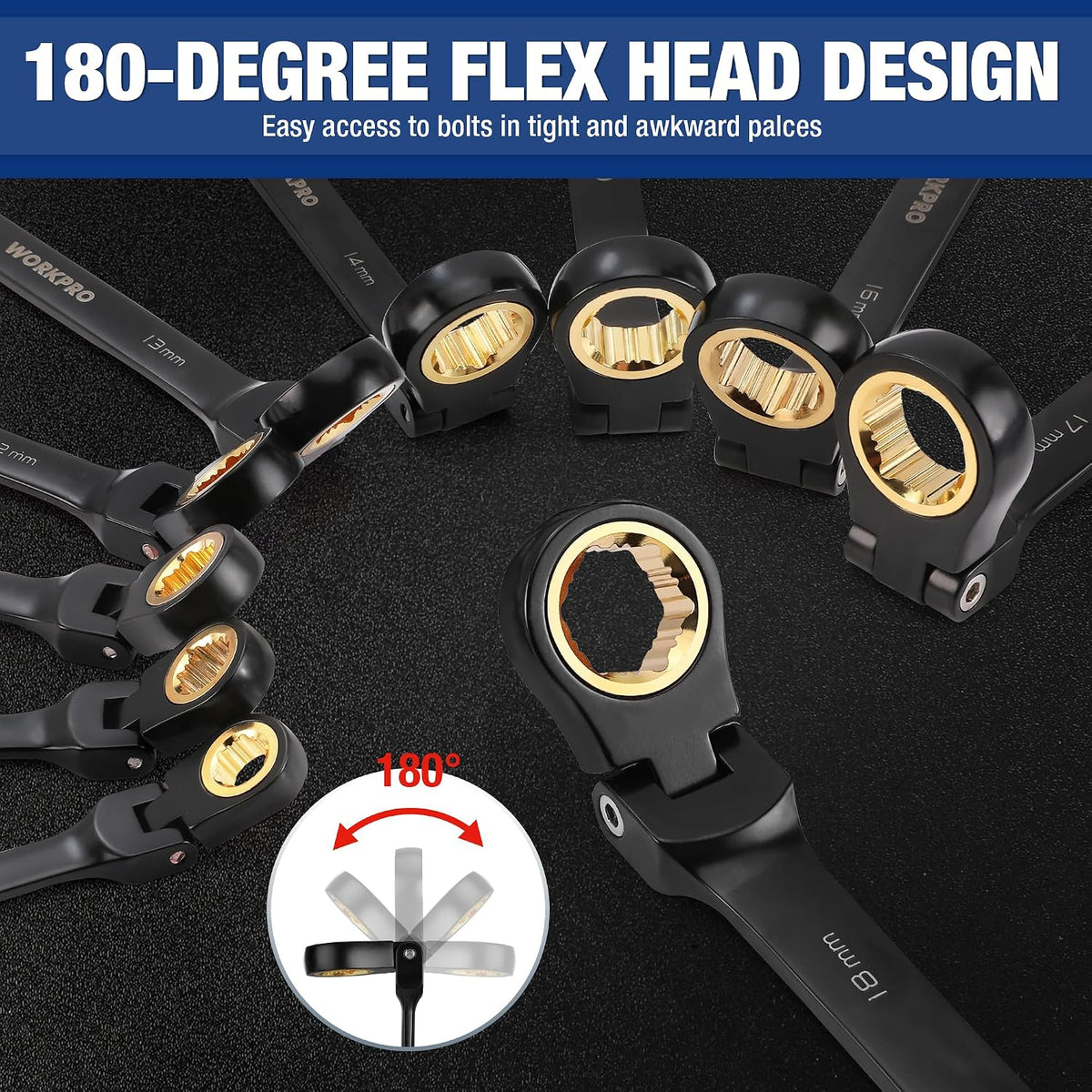 WORKPRO 22-piece Ratcheting Wrench Set with 180° Flex Head, Anti-Slip