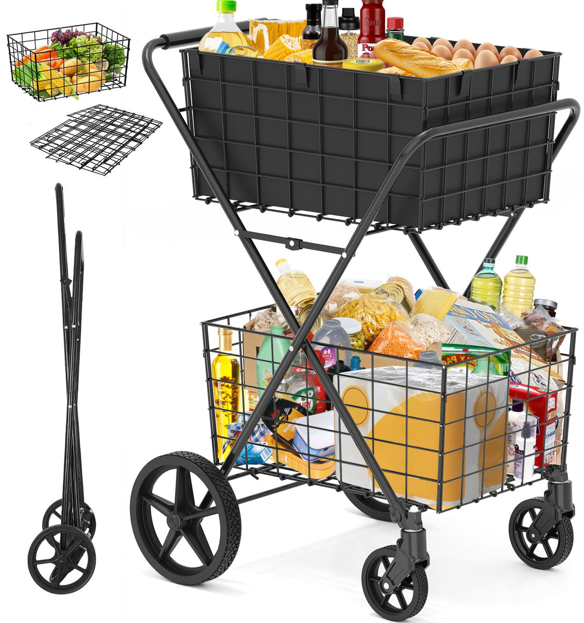 2-Tier Collapsible 400Lbs Heavy Duty Shopping Cart for Groceries