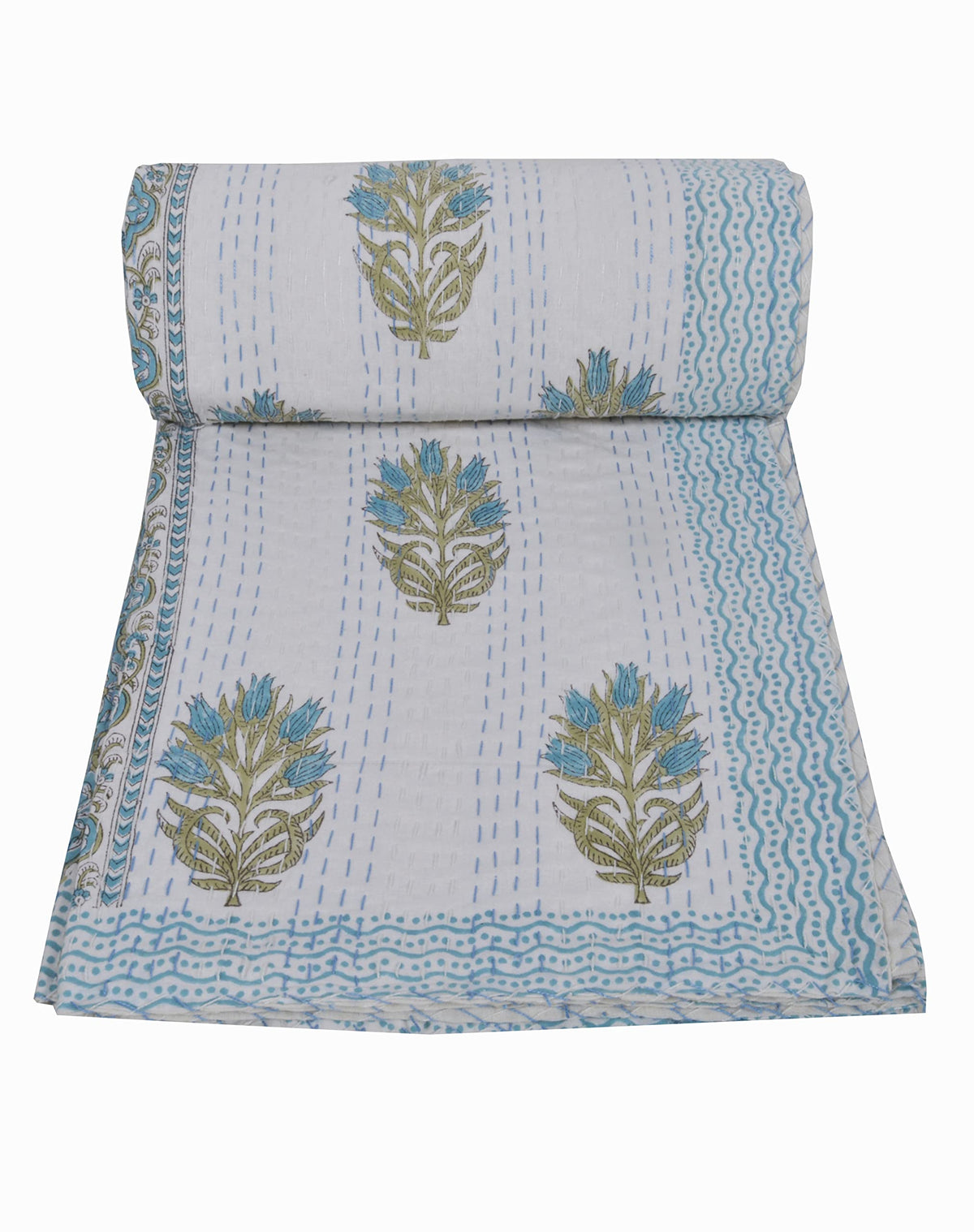 YUVANCRAFTS Indian Hand Block Print Kantha Quilt Queen Size Bedspread Blanket Cotton Bed Cover Vintage Boho Floral Print (Queen 90 X 108 Inch, White 3)