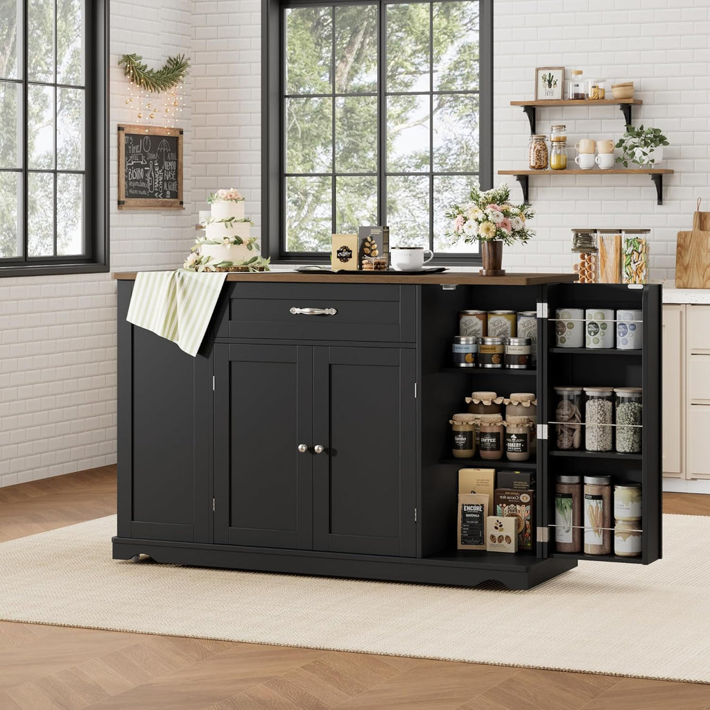 HOSTACK 47" W Kitchen Island Cart with Storage, Rolling Island Table, Black