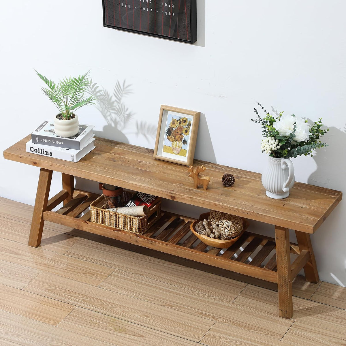 HOKYHOKY Reclaimed Solid Wood Bench-55 Entryway Bench with Storage Shelf