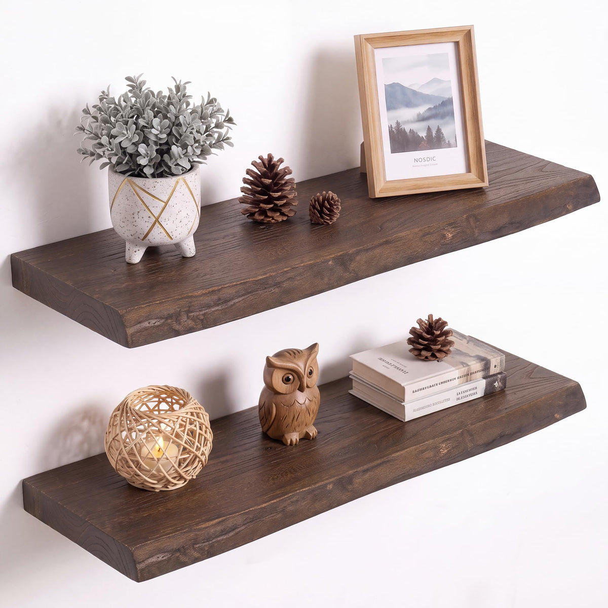 Live Edge Elm Floating Shelves - 24 In Rustic Solid Wood Shelves with Heavy-Duty Invisible Bracket, Wall-Mounted Wooden Shelf for Living Room, Bathroom, Kitchen Storage & Display, Set of 2, Natural