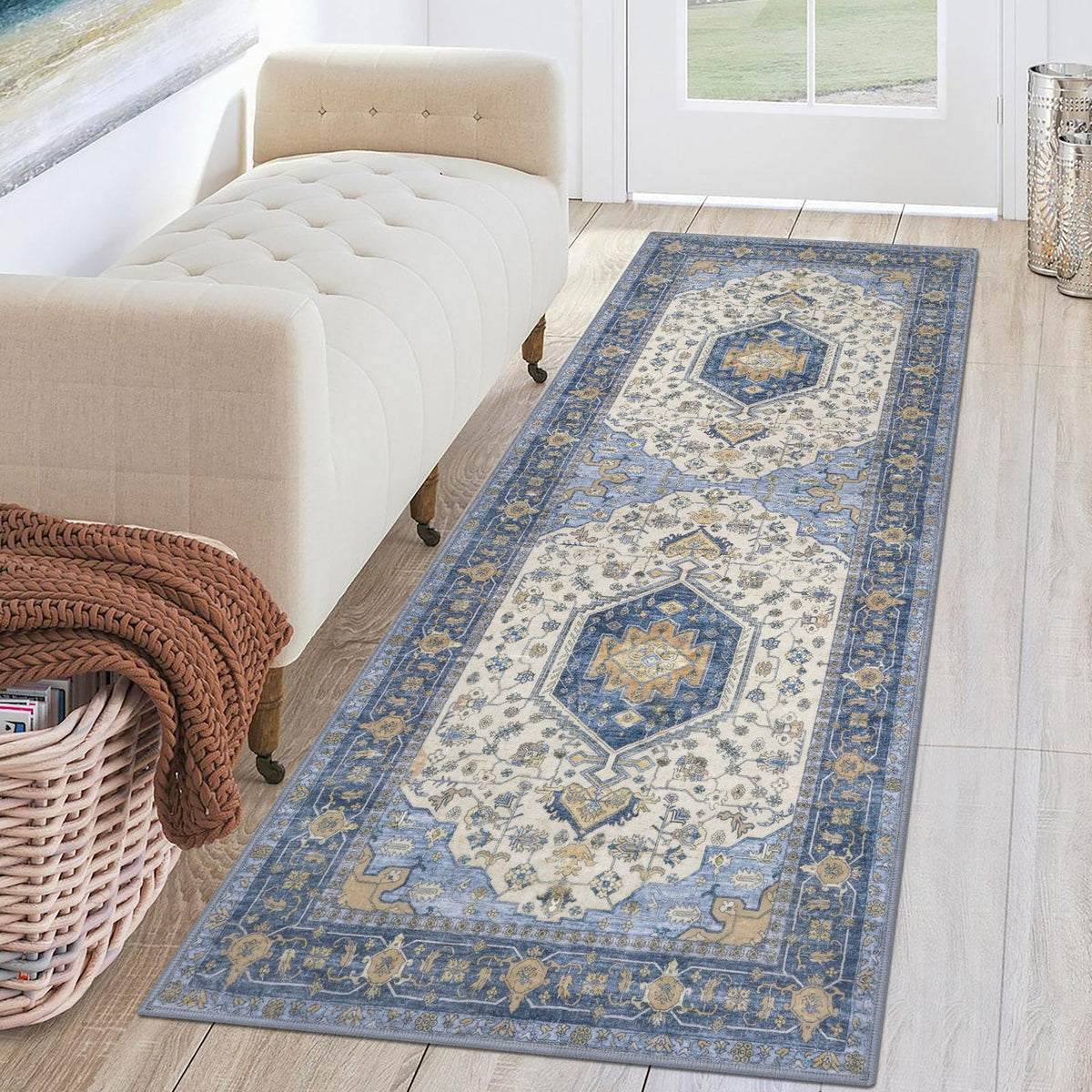KUTA Vintage Extra Long Runners for Hallways 2.6x18ft Washable Blue White