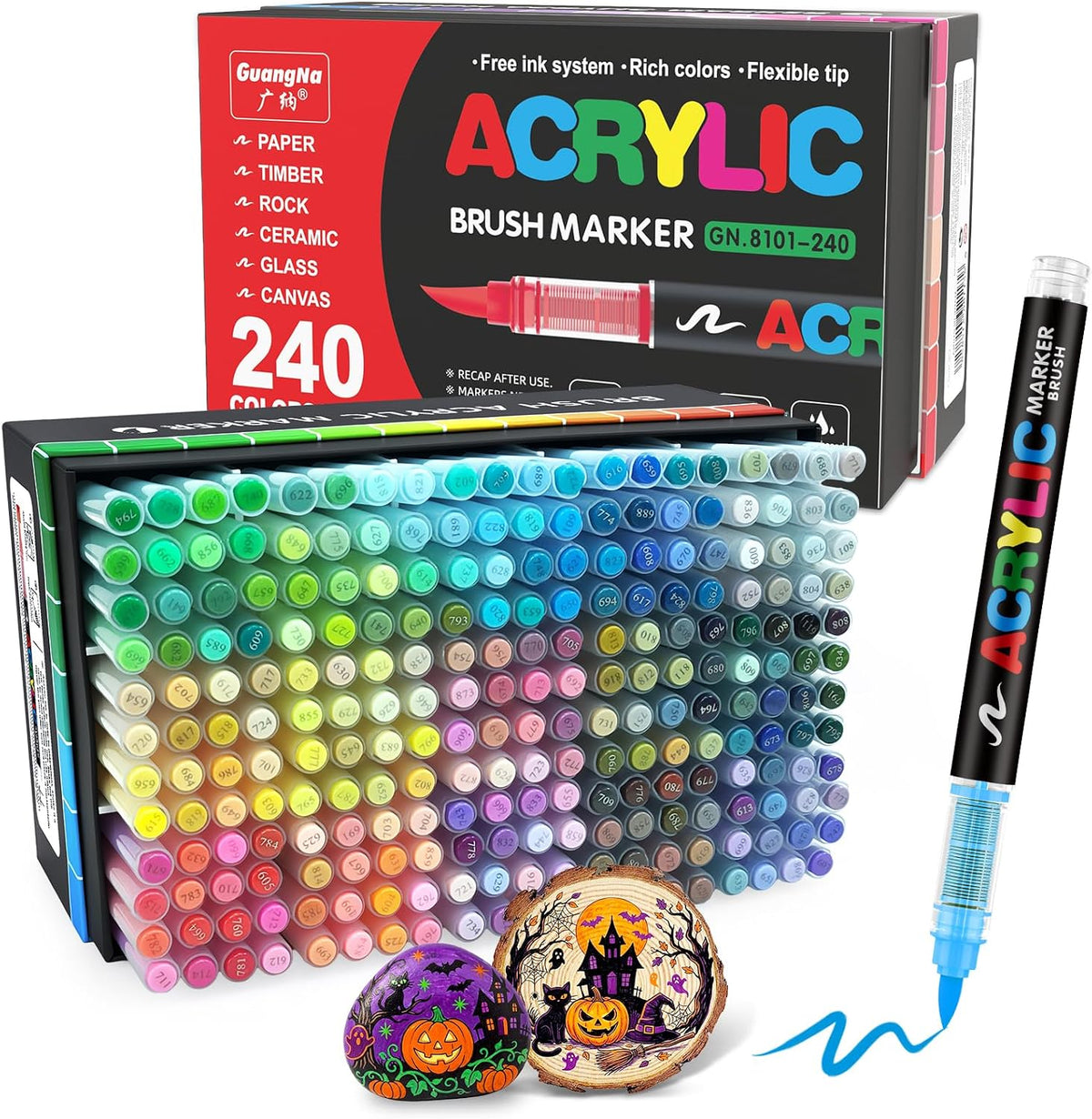Guangna 240 Acrylic Paint Markers, Brush Tip Acrylic Paint Pens, Quick-Drying Waterproof Ink, for Rock Painting Plastic Wood Canvas Glass Ceramic Metal Art Crafts Supplies Gift