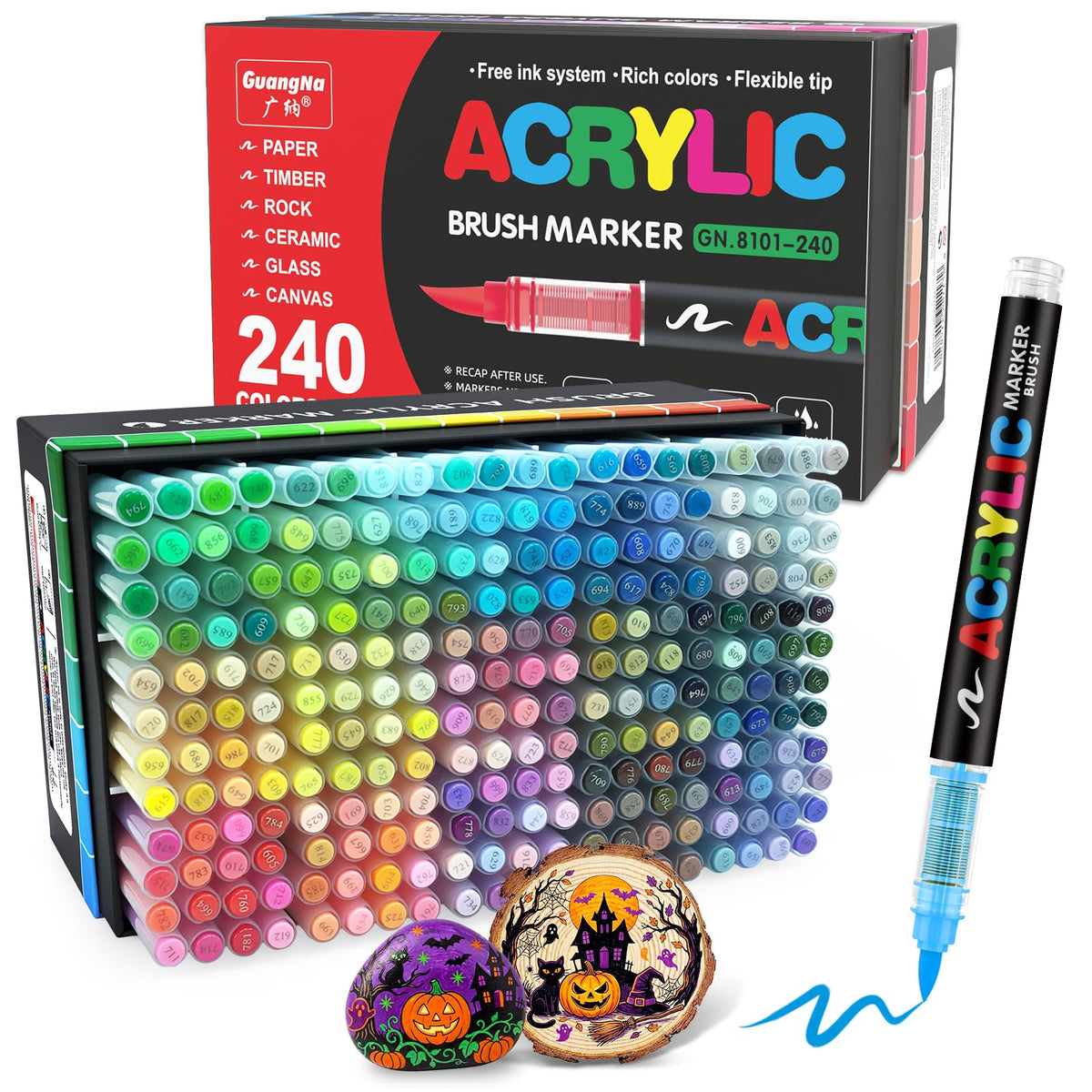 Guangna 240 Acrylic Paint Markers, Brush Tip Acrylic Paint Pens, Quick-Drying Waterproof Ink, for Rock Painting Plastic Wood Canvas Glass Ceramic Metal Art Crafts Supplies Gift
