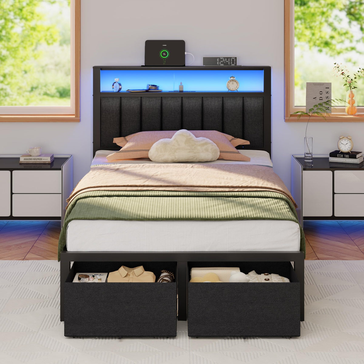 Furnulem Queen Bed Frame with Storage Drawers and Upholstered Headboard