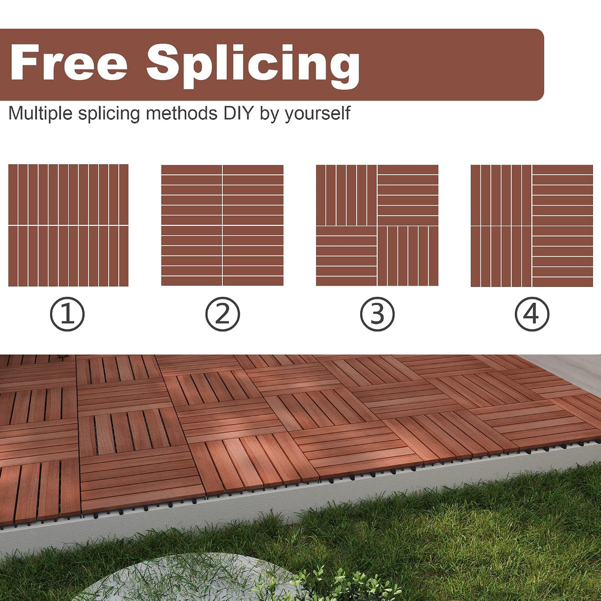 PrimeZone 54 PCS Solid Acacia Wood Interlocking Deck Tiles Outdoor, Brown