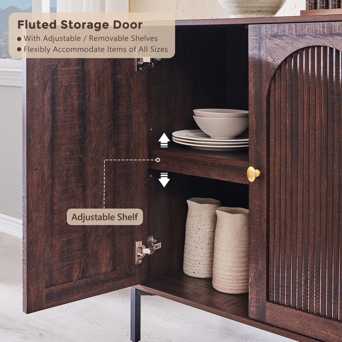 IFGET 34" Tall Modern Arched Sideboard Buffet Cabinet with Storage, Brown