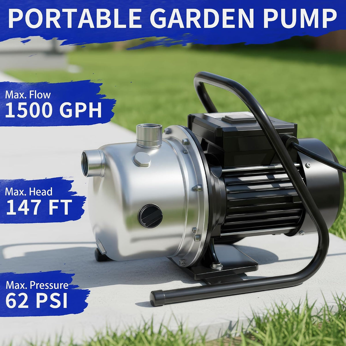 LANCHEZ 1.6 HP Shallow Well Pump, 1500 GPH Stainless Steel Water Transfer Pump, 115V Garden Irrigation Pump, Water Booster Jet Pump for Home Garden Lawn Farm, Silver