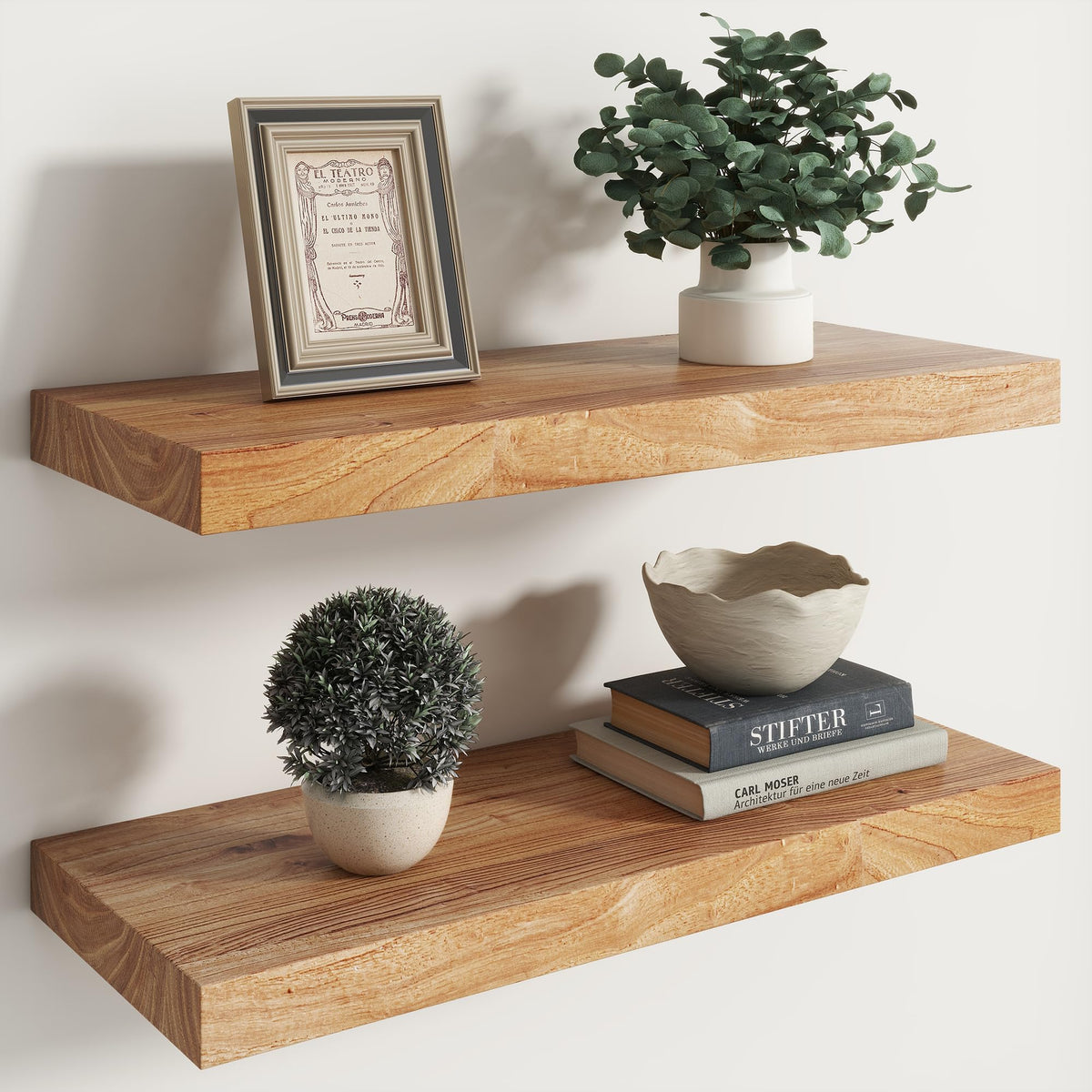 Live Edge Elm Floating Shelves - 24 In Rustic Solid Wood Shelves with Heavy-Duty Invisible Bracket, Wall-Mounted Wooden Shelf for Living Room, Bathroom, Kitchen Storage & Display, Set of 2, Natural