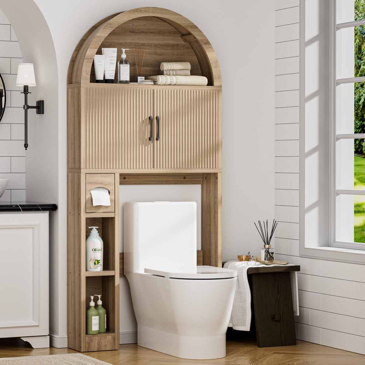 Spurgehom Over Toilet Storage Cabinet, Bathroom Arch Organizer, Black