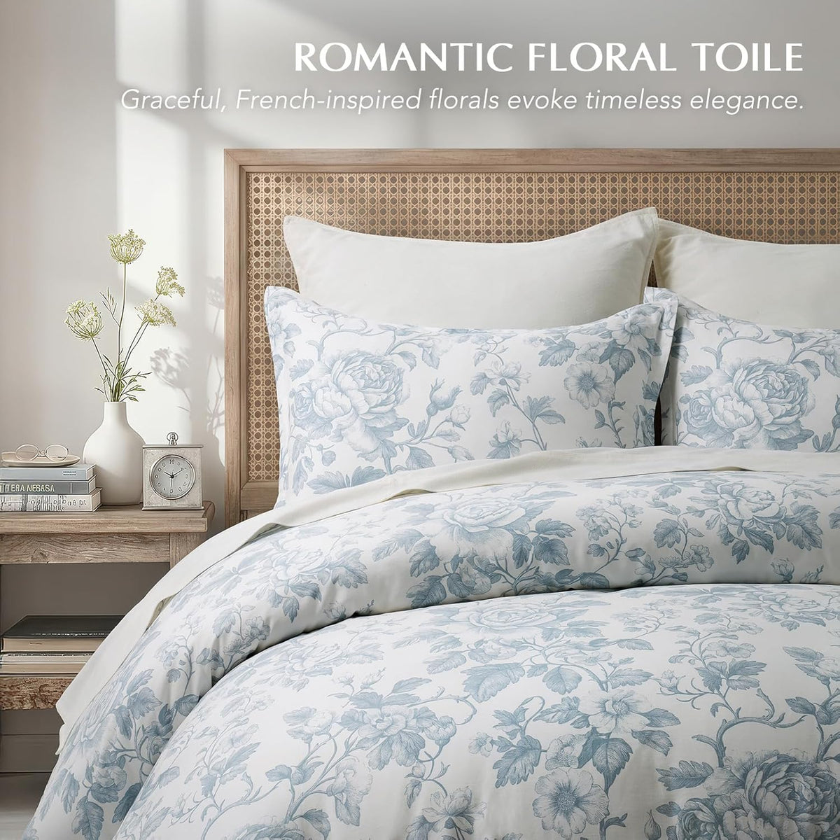 EverGrace 100% Cotton Sateen Duvet Cover Set, King Size, Blue Linen