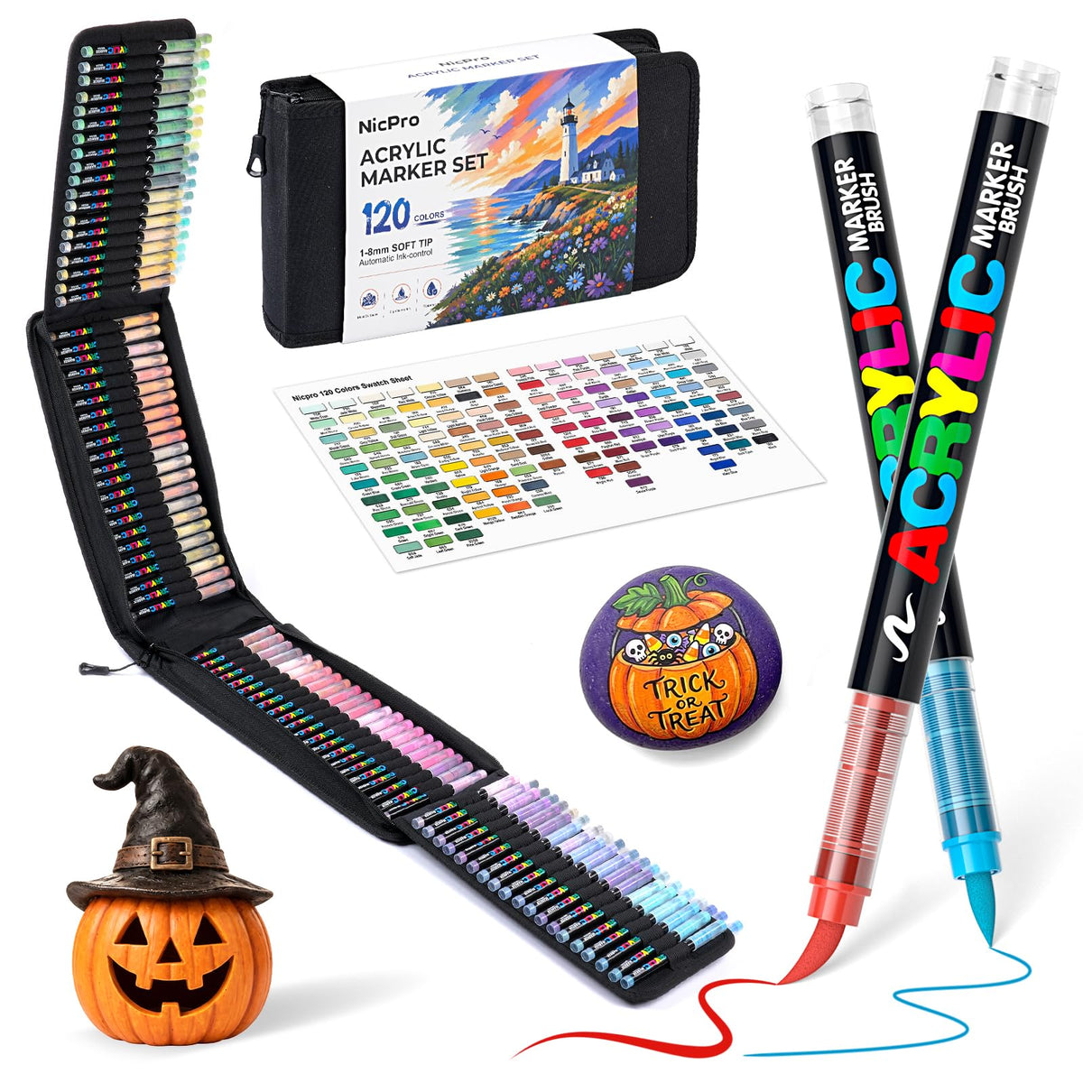 Nicpro 240 Colors Acrylic Paint Markers, Brush Tip Paint Pens with Automatic Ink Control & Carrying Bag, Quick-Drying Acrylic Markers Set for Rock, Wood, Glass, Fabric, Models, 3D Prints & Crafts