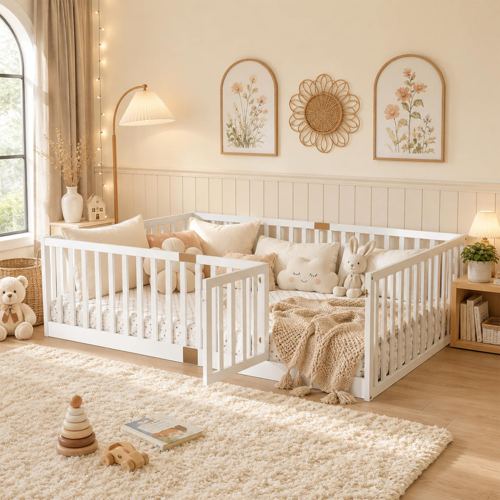 Twin Montessori Floor Bed with High Rails, Door & Slats for Kids, White