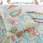 Cozy Line Home Fashions Turquoise Blue Coral Floral Leaf Reversible Quilt Bedding Set, Coverlet Bedspread Lightweight for All Seasons (Mirage Paisley, King - 6 Piece)