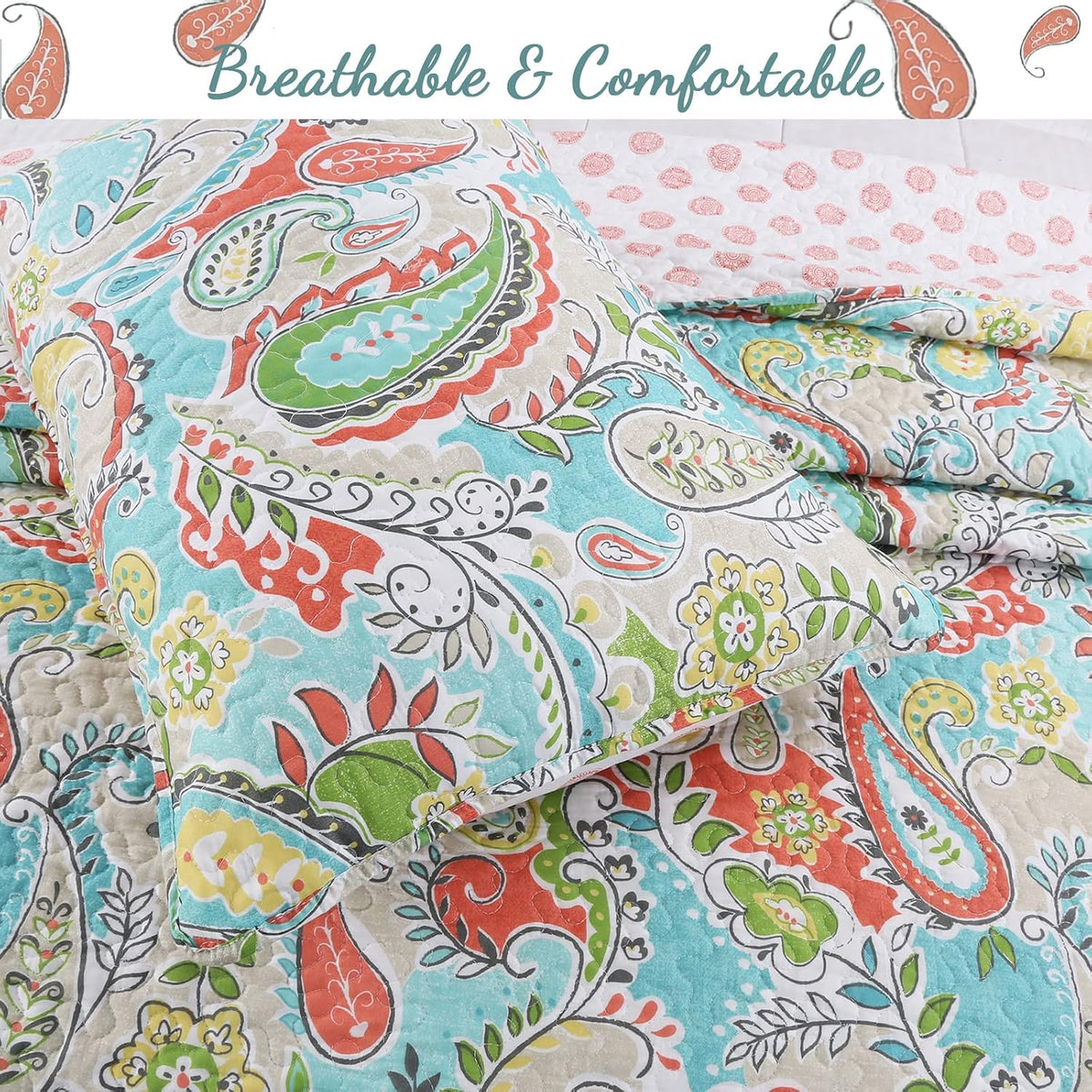 Cozy Line Home Fashions Turquoise Blue Coral Floral Leaf Reversible Quilt Bedding Set, Coverlet Bedspread Lightweight for All Seasons (Mirage Paisley, King - 6 Piece)