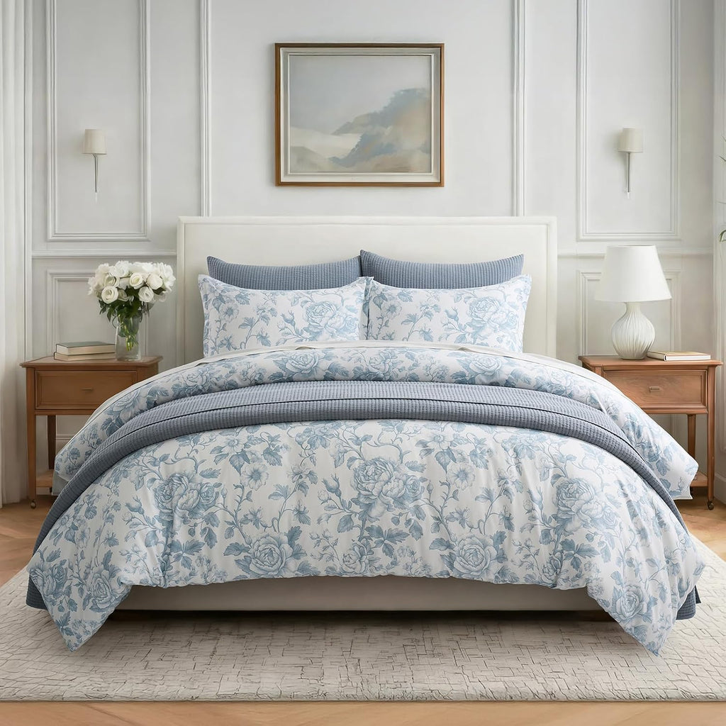 EverGrace 100% Cotton Sateen Duvet Cover Set, King Size, Blue Linen