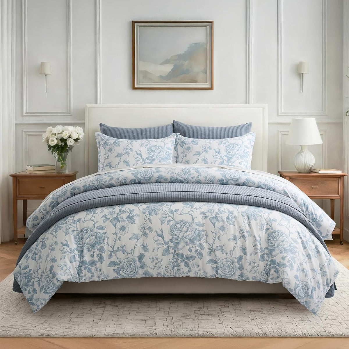 EverGrace 100% Cotton Sateen Duvet Cover Set, King Size, Blue Linen