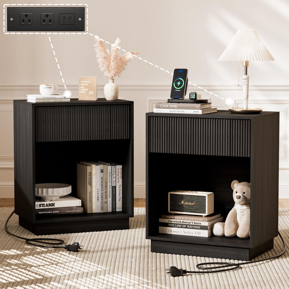 Fluted Nightstands Set of 2, Night Stand with Charging Station, Modern Bed Side Table with Drawer and Storage Shelf, Wood Mid Century End Table for Bedroom Living Room (Walnut)