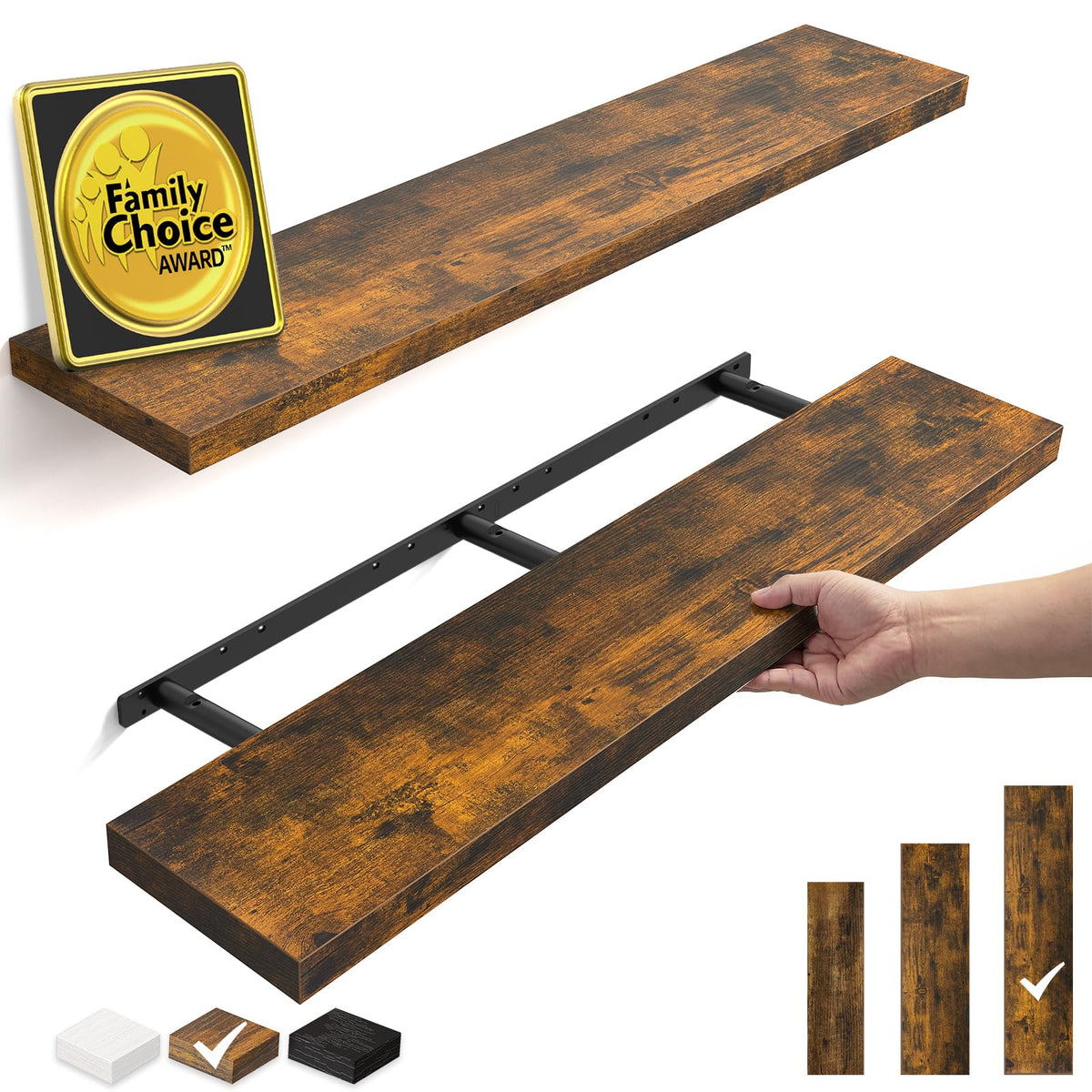 BAYKA Rustic Brown Floating Shelves 35.4in, Set of 2, Wall Mount Wood Shelf