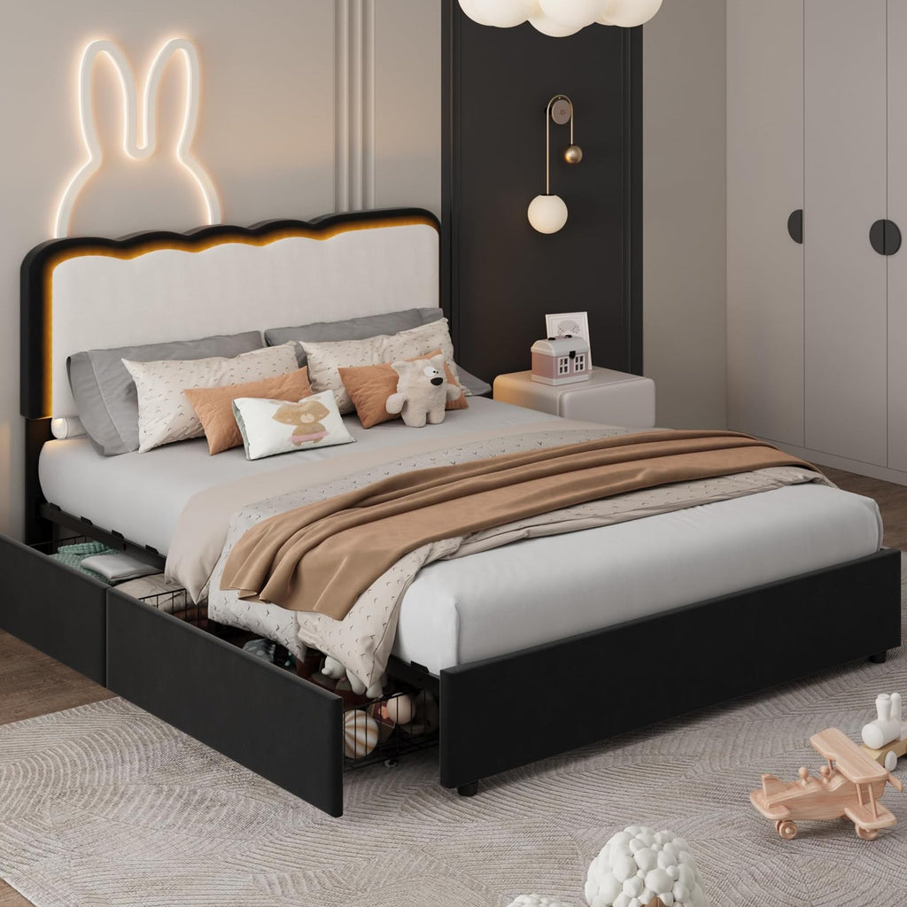 IDEALHOUSE Twin LED Bed, 2 Drawer Trundle, Pink Wave Headboard