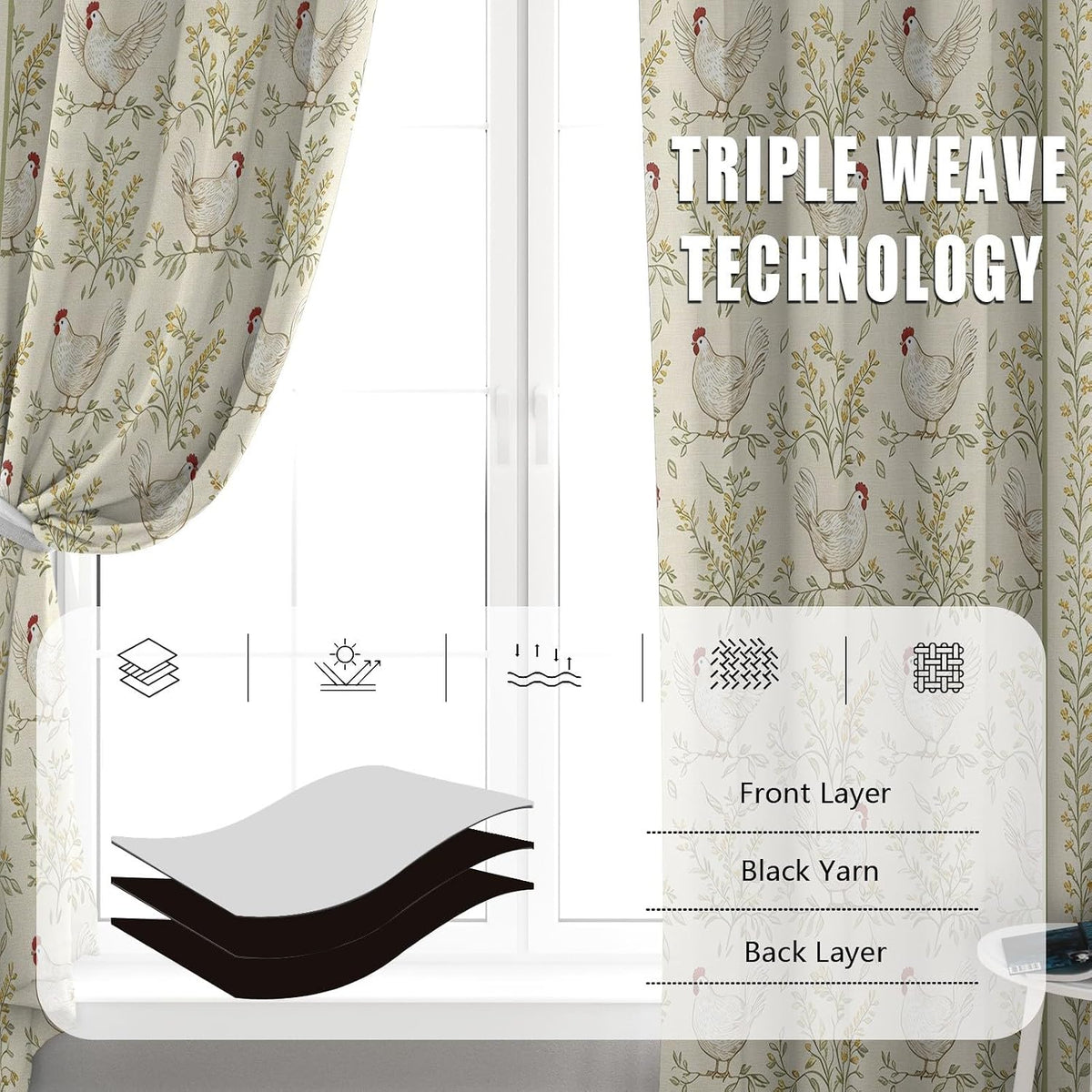 Chicken Curtains for Bedroom, Botanical Leave Chicken Curtains