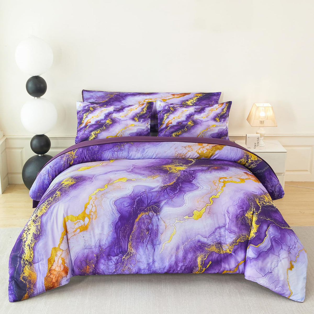 PERFEMET 6 Piece Teal King Size Comforter Set Watercolor Marble Bedding Set