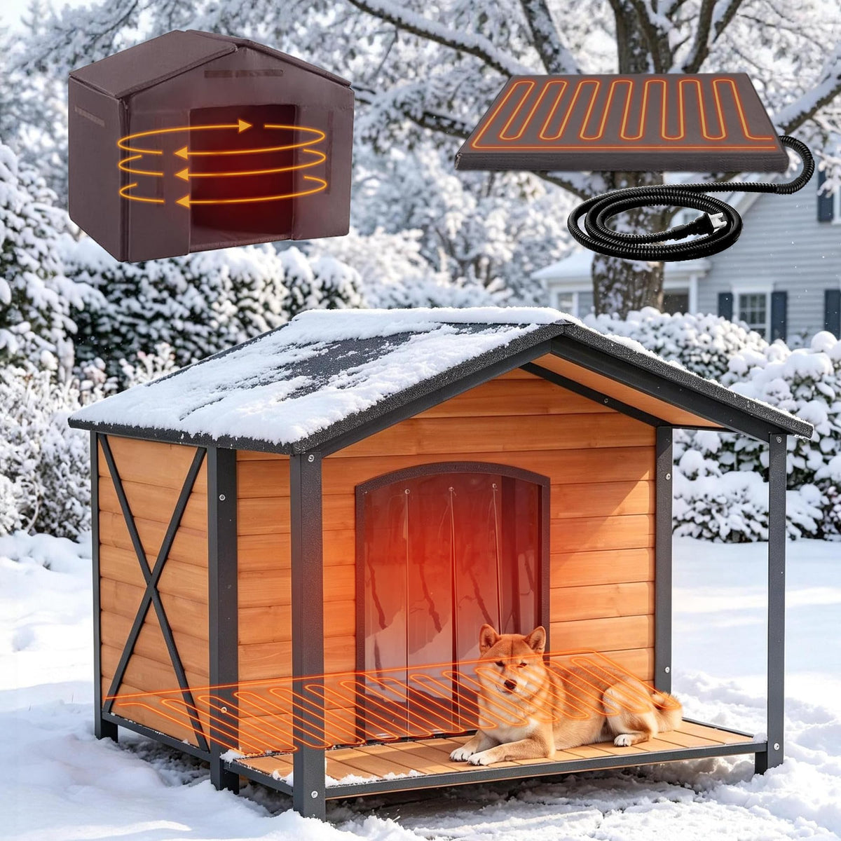 Heated Dog House, Outdoor Dog House Insulated for Winter with Heating Pad, Weatherproof Wooden Dog Kennel with Porch, Iron Frame, Asphalt Roof & Removable Floor