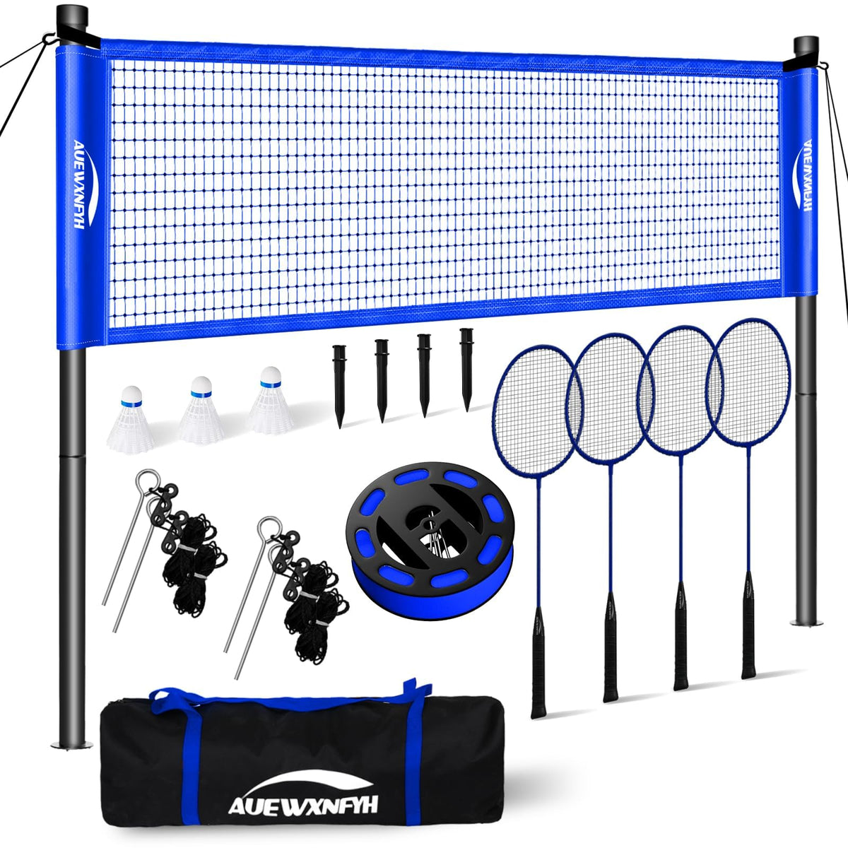 Portable Badminton Set, Heavy-Duty Outdoor Net with 4 Rackets, 3 Shuttlecocks & Boundary Line for Backyard Lawn Beach Family Games