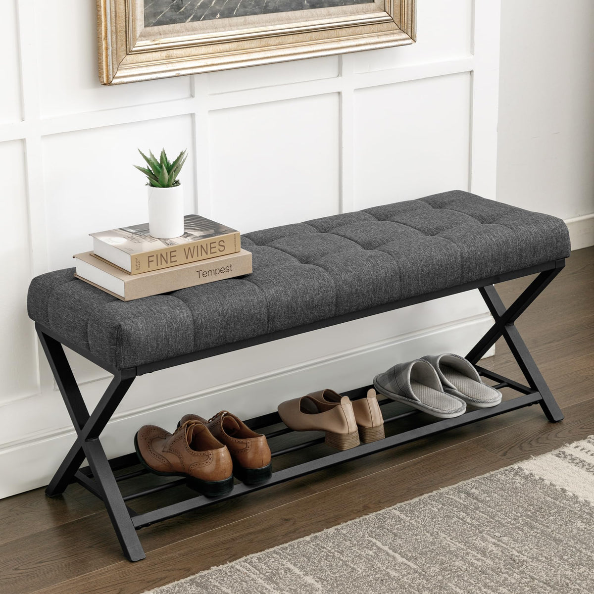 LUE BONA 44.5” End of Bed Bench with Shelf, Linen Tufted Upholstered Storage Shoe Bench, Modern Bedroom Bench with Metal Legs for Living Room, Entryway, Dining Room, 300 LB, Yellowish Brown