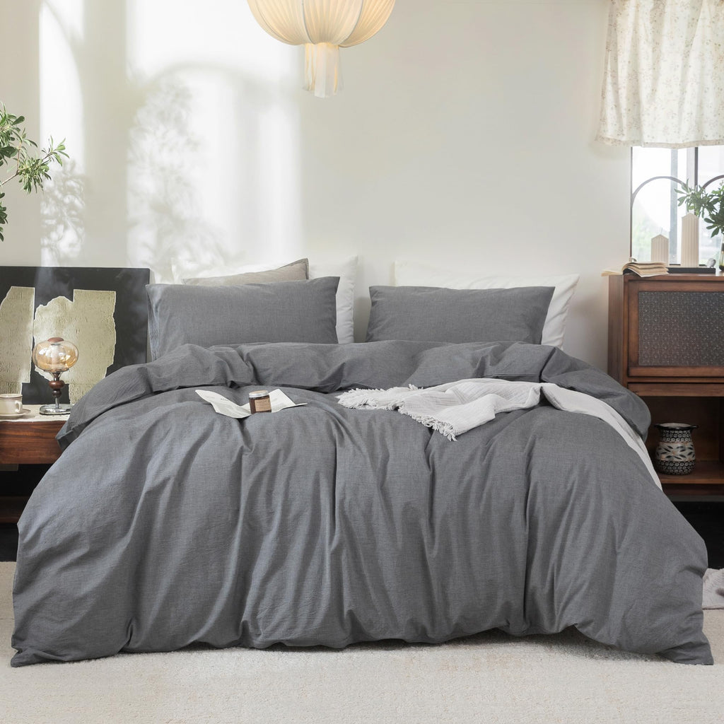 FOSSA Duvet Cover Set 100% Washed Cotton Linen Feel Queen