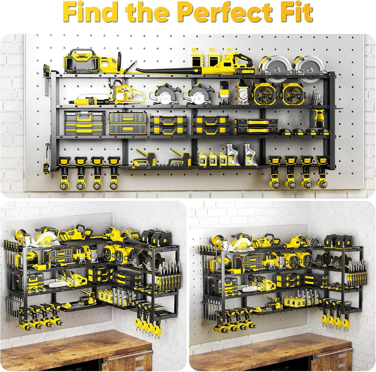 POKIPO Extra Large 64" W Power Tool Organizer Wall Mount, 1000 lbs Load Capacity, Heavy Duty 4 Tier Garage Storage Rack with 8 Drill Holders, 2 in 1 Corner or Straight Installation