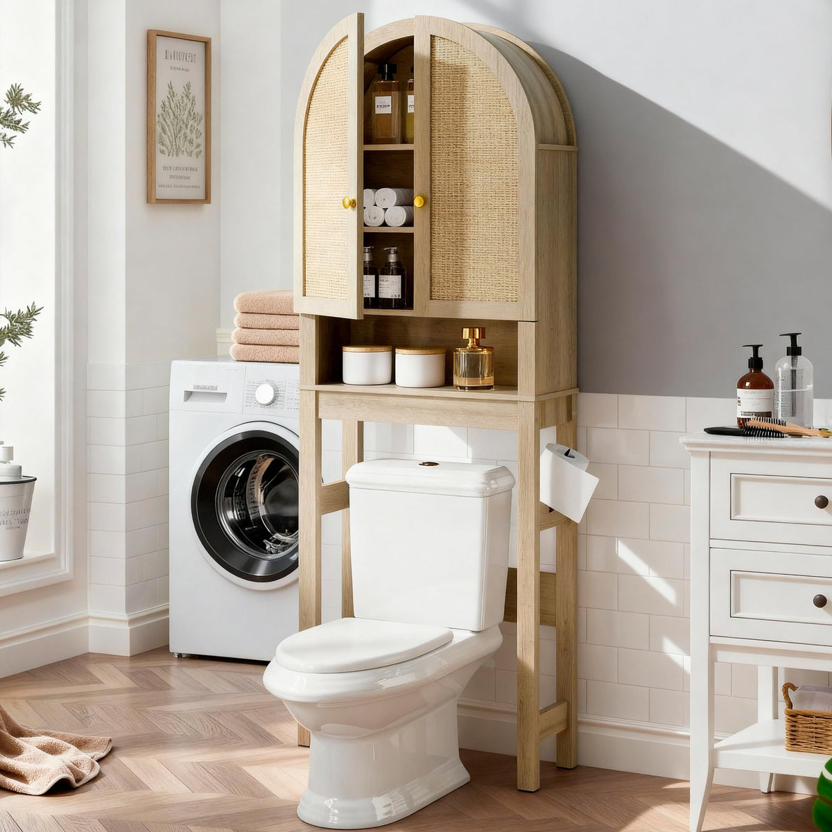 HMstone Over The Toilet Storage Cabinet, Arched Bathroom Organizer and Storage with Acrylic Doors and Adjustable Shelf, Space Saver Freestanding Bathroom Modern Storage Cabinet Over Toilet Dark Brown