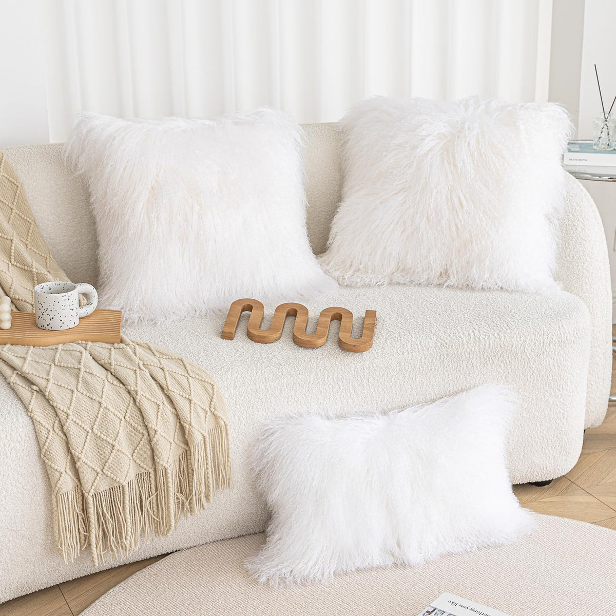 Real 100% Tibetan Mongolian Lamb Sheepskin Wool Fur Throw Pillow Covers White 24x24 Inch, Super Soft Plush Leather Accent Pillowcase Decorative Cushion Cover for Living Room Bedroom