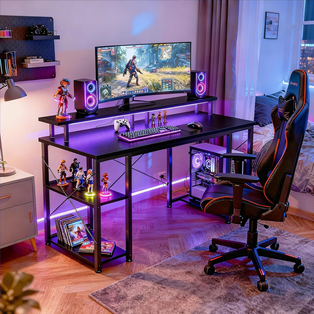 ODK 48 Inch Gaming Desk with LED Lights & Storage Shelves, Black