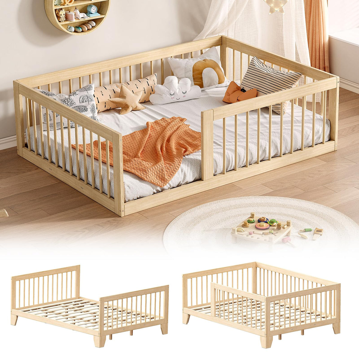 EXPERLAM Twin Montessori Floor Bed for Kids, Removable Rails, Burlywood