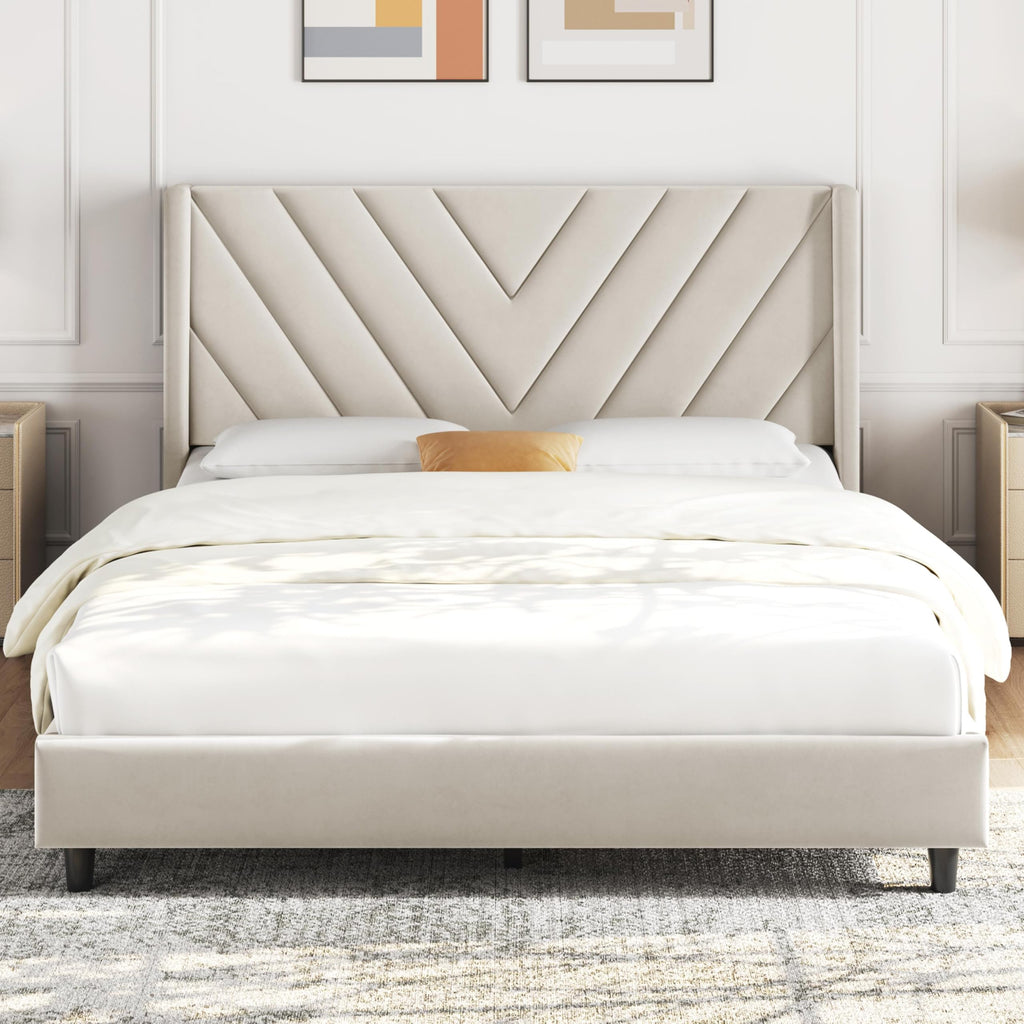 Yaheetech Queen Bed Frame with Chevron Channel-Tufted Headboard, Beige