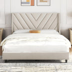 Yaheetech Queen Bed Frame with Chevron Channel-Tufted Headboard, Beige