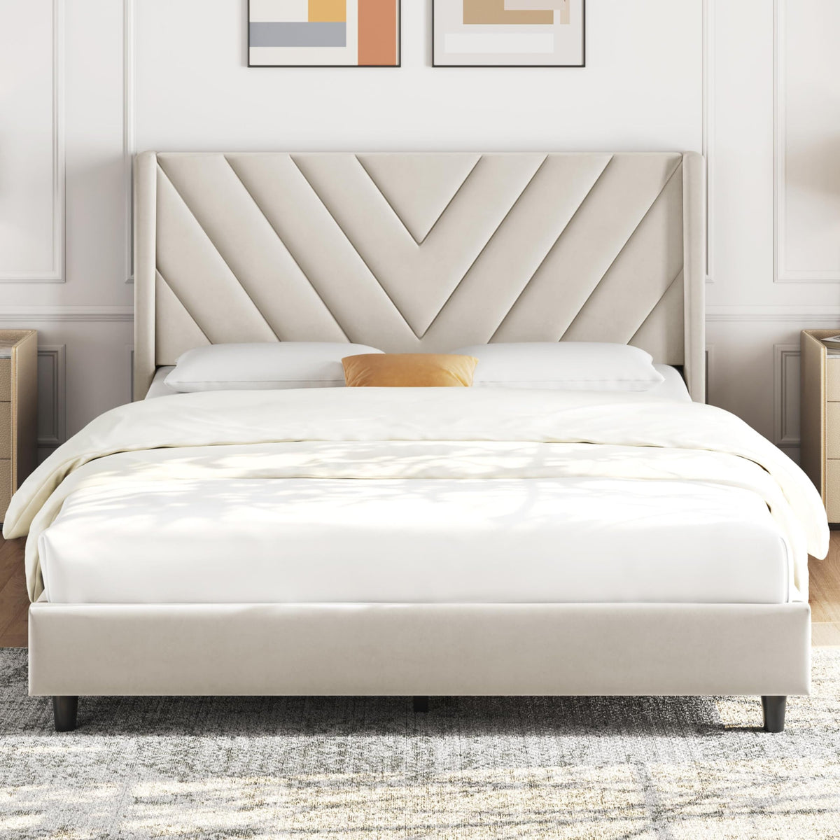 Yaheetech Queen Bed Frame with Chevron Channel-Tufted Headboard, Beige