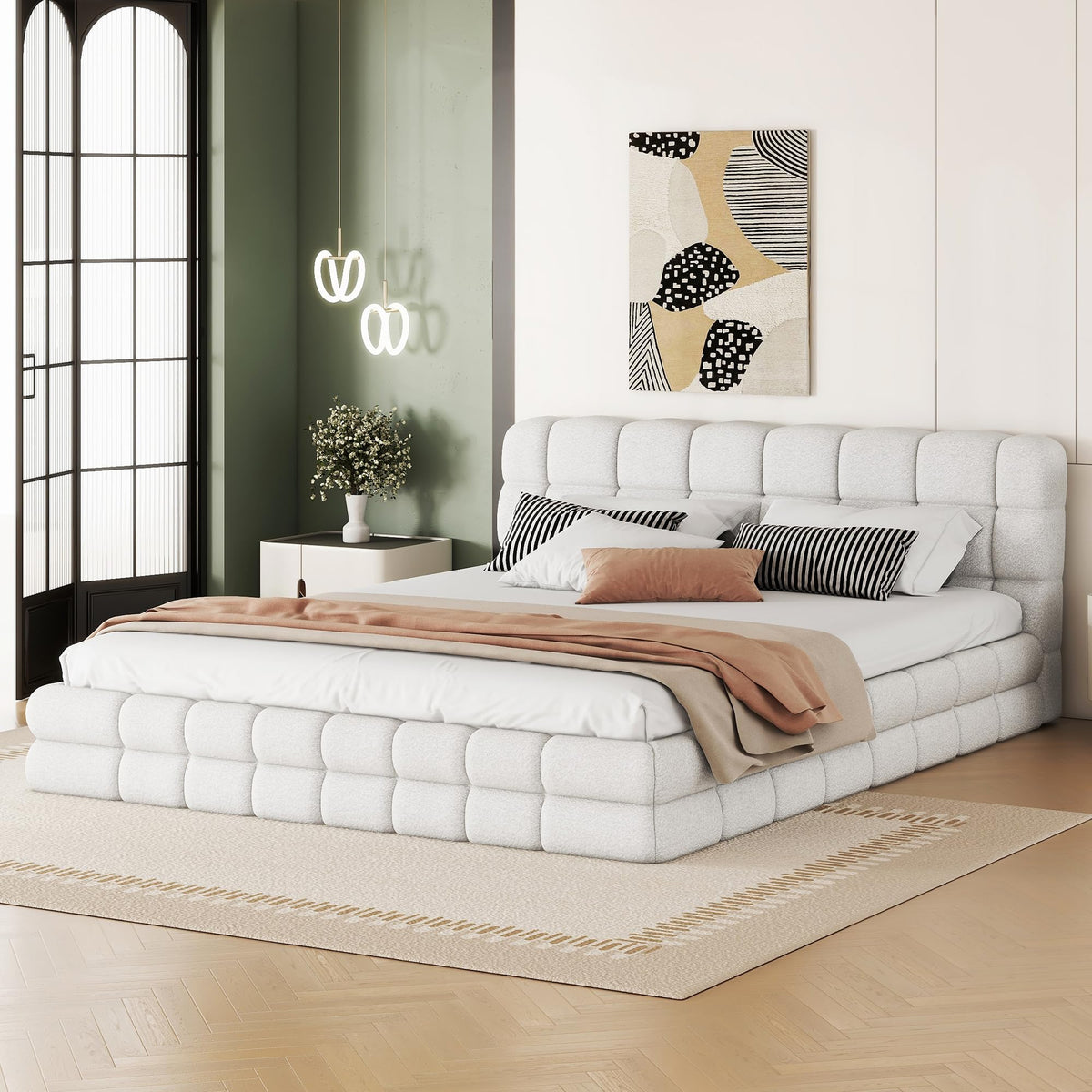 Grounded Bed Upholstered Platform Bed with Unique Design Thick Fabric Headboard, Wood Platform Bed Frame for Kids Adults Bedroom Furniture, Upholstered Floor Bed (Beige-11, Queen)