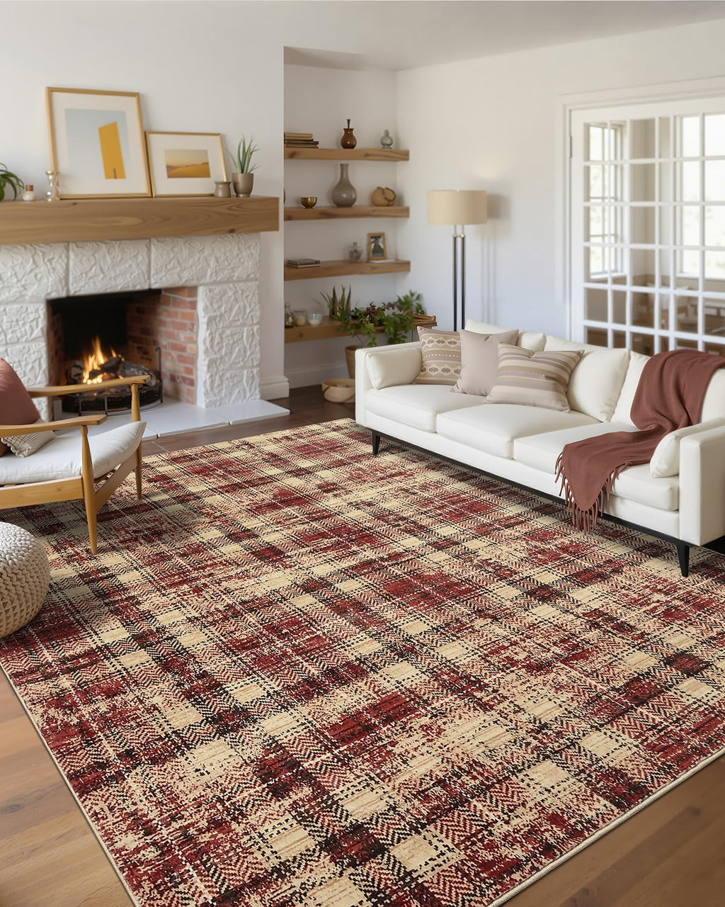 Modern Washable 8x10 Area Rug - Soft, Non-Slip, Stain Resistant, Farmhouse Tartan Plaid for Living Room, Bedroom, Nursery, Office - Beige