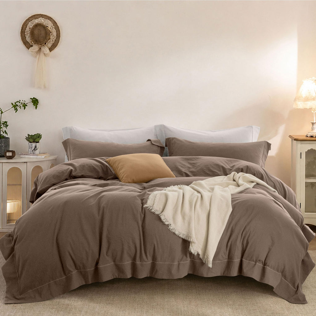 Duvet Cover Set Washed Cotton Embroidered Hem King 3‑Pcs