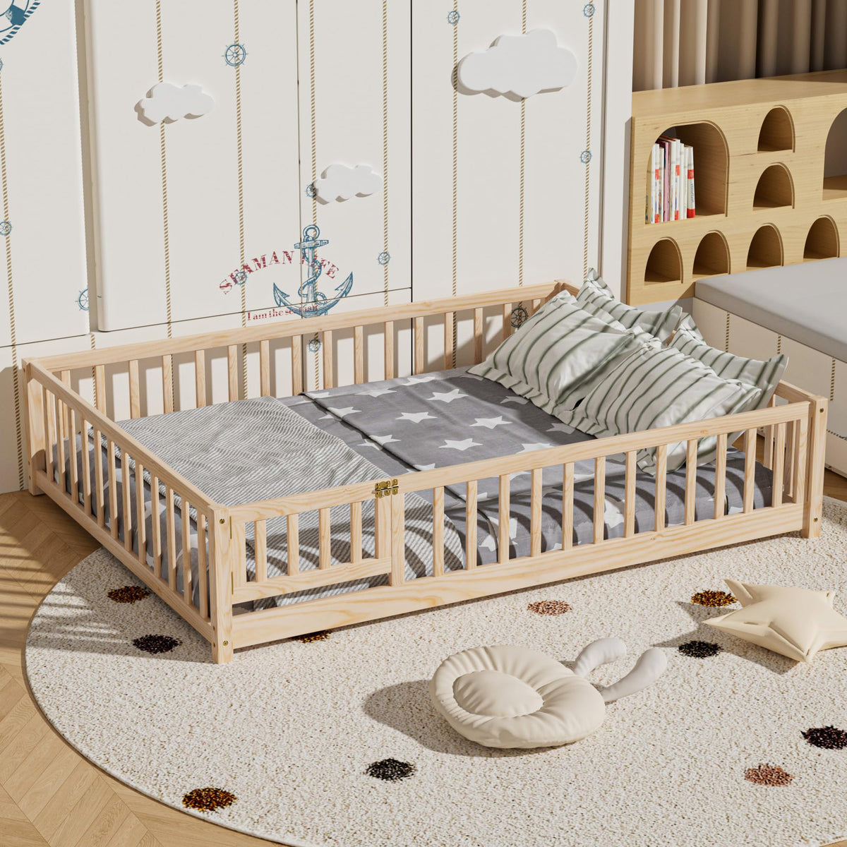 i-POOK Full Size Floor Bed for Children, Solid Wood Montessori Bed Frame with Fence & Door Montessori Floor Bed with Safety Guardrails for Girls and Boys, White (with Bed Slats)