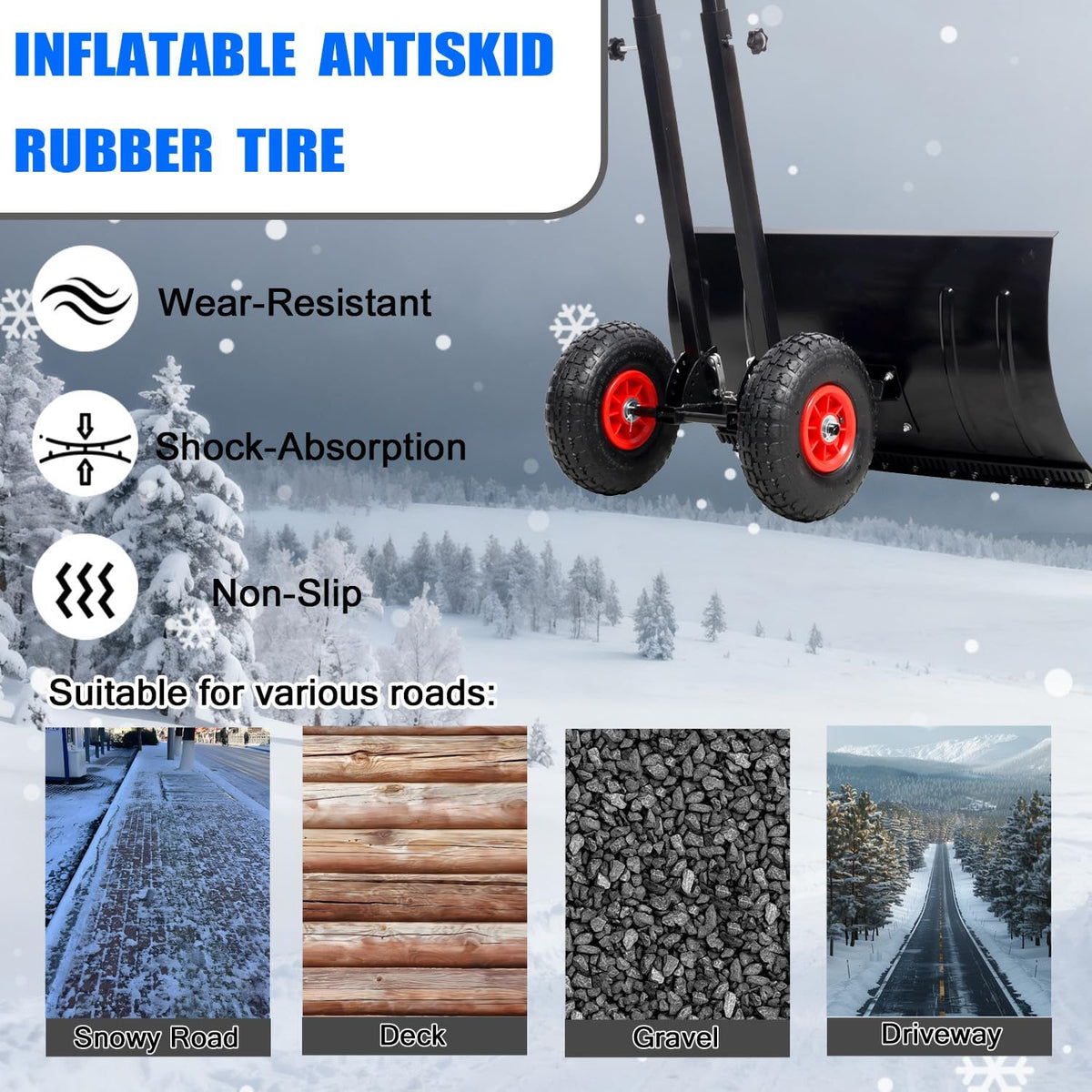Snow Pusher with Wheels, 29" WideSnow Shovel for Driveway, 5-Position Angle & Height Handle Ergonomic Design for Back-Save Effort Snow Removal (Double Rod-W 29''-B)
