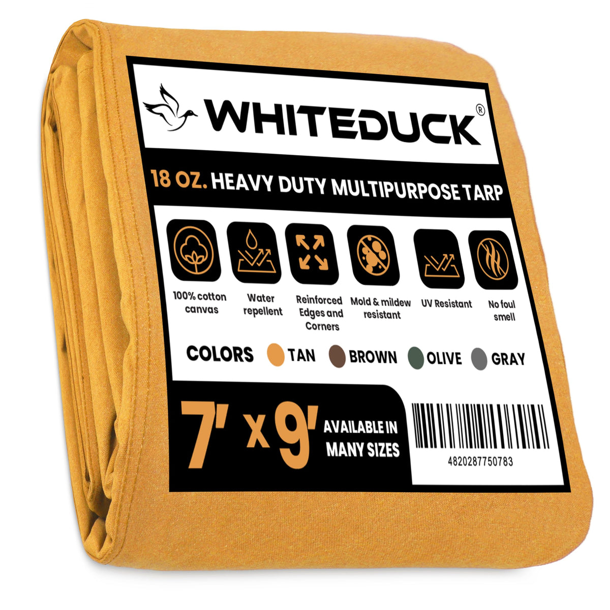 WHITEDUCK Canvas Tarp 18 oz. Heavy Duty Water Repellent UV Resistant, Rustproof Grommets, Industrial & Commercial Use Cloth Tarp (Cut Size: 8'x12', Finished Size: 7'6"x11'6", Olive Drab)